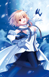 Rule 34 | 1girl, antenna hair, archetype earth, arcueid brunestud, bare shoulders, black gloves, black pantyhose, blonde hair, blush, breasts, cleavage, cloud, commentary, detached sleeves, dress, elbow gloves, fate/grand order, fate (series), flower, gloves, hair flower, hair ornament, large breasts, looking at viewer, mizunashi hayate, moon, night, night sky, open mouth, pantyhose, petals, red eyes, short hair, sky, smile, solo, tsukihime, tsukihime (remake), white dress, white flower, white sleeves