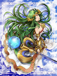 Rule 34 | 1girl, ancient greek clothes, armlet, bare shoulders, blue sky, bracelet, bracer, chiton, circlet, cloud, dress, gold, green eyes, green hair, holding, holding staff, isamu-ki (yuuki), jewelry, kid icarus, long hair, neck ring, necklace, nintendo, open mouth, over-kneehighs, palutena, parted bangs, photo background, sky, smile, solo, staff, strapless, strapless dress, teeth, thighhighs, very long hair, white dress, white thighhighs