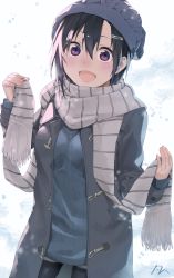 Rule 34 | 1girl, absurdres, black hair, black pantyhose, blush, bokutachi no remake, character request, hair ornament, hairclip, highres, looking at viewer, open mouth, pantyhose, purple eyes, scarf, short hair, smile, snow, snowing, solo, white scarf, yanngoto