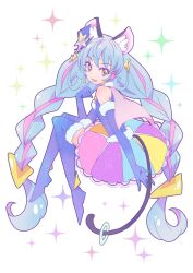 Rule 34 | 1girl, animal ears, blue footwear, blue gloves, blue hair, boots, braid, capelet, cat ears, cat tail, cure cosmo, dress, elbow gloves, full body, fur-trimmed boots, fur-trimmed gloves, fur trim, gloves, hat, highres, long hair, looking at viewer, magical girl, mini hat, mini top hat, multicolored hair, okmt29, open mouth, pink hair, precure, rainbow skirt, smile, solo, sparkle, star twinkle precure, streaked hair, tail, tail ornament, tail ring, thigh boots, top hat, triangle hair ornament, twin braids, very long hair, yellow eyes, yuni (precure)