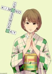 Rule 34 | 1girl, brown eyes, brown hair, commentary request, crossword puzzle, earrings, english text, green background, hands up, head tilt, japanese clothes, jewelry, kimono, long sleeves, looking at viewer, munakata (hisahige), obi, original, own hands together, parted lips, sash, simple background, smile, solo, twitter username, wide sleeves