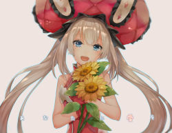 Rule 34 | 1girl, alle gro, blue eyes, fate/grand order, fate (series), flower, gloves, hat, holding, holding flower, long hair, looking at viewer, marie antoinette (fate), open mouth, silver hair, simple background, sleeveless, smile, solo, sunflower, twintails
