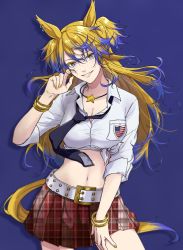 Rule 34 | 1girl, animal ears, belt, black necktie, blonde hair, blue background, bracelet, breasts, cleavage, collared shirt, colored tips, cowboy shot, ear piercing, hand up, highres, horse ears, horse girl, horse tail, jewelry, long hair, looking at viewer, medium breasts, midriff, miniskirt, multicolored hair, nail polish, navel, necktie, obey your master (umamusume), piercing, red skirt, sashiumito, shirt, simple background, skirt, sleeves pushed up, smile, solo, star-shaped pupils, star (symbol), symbol-shaped pupils, tail, teeth, tied shirt, two side up, umamusume, umamusume: cinderella gray, white shirt, yellow nails