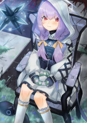 Rule 34 | 1girl, absurdres, armband, atsuko (blue archive), belt, black gloves, blue archive, blush, braid, chair, coat, feet out of frame, gloves, gyamu (chewing-gum), highres, hood, hooded coat, kneehighs, long hair, long sleeves, looking at viewer, low twintails, mask, unworn mask, mold, overgrown, puffy long sleeves, puffy sleeves, purple hair, red eyes, sitting, smile, socks, solo, twin braids, twintails, utility belt, white coat, white socks, wreath