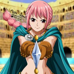 Rule 34 | 1girl, 2021, armor, artist request, bare shoulders, bikini armor, braid, breasts, cleavage, colosseum, dressrosa, fighting stance, highres, holding, holding sword, holding weapon, large breasts, lips, long hair, looking at viewer, one piece, pelvic curtain, pink hair, rebecca (one piece), revealing clothes, serious, shiny skin, single braid, sky, solo, stadium, sword, very long hair, weapon, wide hips