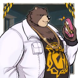 Rule 34 | 1boy, animal ears, bara, bear boy, bear ears, ben bigger, caution tape, chain, chain necklace, fat, fat man, furry, furry male, glint, highres, holding, jacket, jewelry, large pectorals, looking at viewer, male focus, necklace, open clothes, open jacket, pectorals, scar, scar across eye, short hair, smile, solo, starbuchi, thick arms, upper body, zenless zone zero