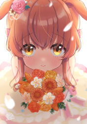 Rule 34 | 1girl, absurdres, bare shoulders, blush, bouquet, brown eyes, brown flower, brown hair, carrot, closed mouth, commentary request, dress, flower, hair between eyes, hair flower, hair ornament, highres, horns, long hair, looking at viewer, masshirokachi, mayano top gun (sunlight bouquet) (umamusume), mayano top gun (umamusume), pink flower, pink rose, rose, signature, simple background, solo, twitter username, umamusume, wedding dress, white background, white flower, yellow dress, yellow flower, yellow rose