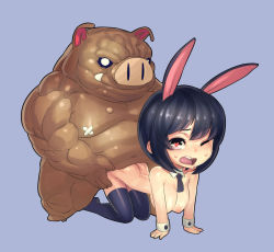 Rule 34 | 1boy, 1girl, ;o, absurdres, all fours, animal ears, ass, black hair, breasts, butt crack, chibi, detached collar, doggystyle, fengmo, hanging breasts, heart, heart-shaped pupils, hetero, highres, interspecies, looking at viewer, monster, monster boy, nipples, one eye closed, open mouth, orc, original, pig snout, rabbit ears, sex, sex from behind, symbol-shaped pupils