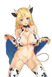 Rule 34 | 1girl, animal ears, animal print, bcat, bell, neck bell, blonde hair, blue eyes, blush, bottomless, breasts, cleavage, collar, cow ears, cow girl, cow horns, cow print, cow tail, horns, large breasts, long hair, looking at viewer, open mouth, original, sketch, smile, solo, tail, thighhighs