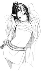 Rule 34 | 1girl, arms up, black hair, breasts, closed mouth, collarbone, contrapposto, facing viewer, greyscale, hair tie, head tilt, high ponytail, highres, horns, japanese clothes, kimono, looking at viewer, midriff, monochrome, monster girl, navel, oni, oni girl, oni horns, open clothes, open kimono, original, pointy ears, ponytail, rope, sarashi, sash, shiro shougun, side slit, simple background, slit pupils, small breasts, solo, standing, white background