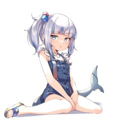 Rule 34 | 1girl, bare legs, between legs, blue dress, blue eyes, blue hair, blue nails, blunt bangs, blush, commentary, dress, english commentary, eyelashes, feet, fins, fish tail, frilled shirt, frills, full body, gawr gura, gawr gura (casual), grey hair, hair ornament, hand between legs, hand up, highres, hololive, hololive english, legs, looking at viewer, medium hair, multicolored hair, nail polish, official alternate costume, ok sign, open mouth, sandals, shadow, shark girl, shark tail, sharp teeth, shirt, side ponytail, sidelocks, simple background, sitting, sleeveless, sleeveless dress, smile, solo, streaked hair, tail, teeth, thighs, toenail polish, toenails, toes, upper teeth only, valefal coneri, virtual youtuber, wariza, white background, white shirt