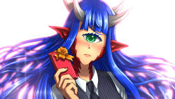 Rule 34 | 1girl, backlighting, blue hair, blush, cacodemon, commentary, cyclops, doom (series), green eyes, highres, horns, lens flare, long hair, looking at viewer, monster girl, multiple horns, nail polish, one-eyed, personification, pointy ears, portrait, red nails, scales, simple background, solo, substance20, symbol-only commentary, valentine, white background