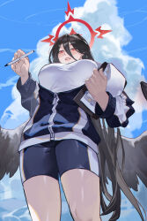 1girl black_choker black_hair black_wings blue_archive blue_jacket blue_shorts blue_sky breasts choker clipboard cloud day feathered_wings from_behind from_below gym_shirt gym_shorts gym_uniform hair_between_eyes halo hasumi_(blue_archive) hasumi_(track)_(blue_archive) highres holding holding_clipboard huge_breasts jacket large_wings long_hair low_wings mole mole_under_eye official_alternate_costume outdoors partially_unzipped ponytail red_eyes red_halo shirt shorts sky solo track_jacket very_long_hair white_shirt wings ying_shi_de_xia_yeji