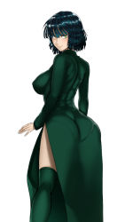 Rule 34 | 1girl, ass, black hair, black thighhighs, breasts, covered erect nipples, dress, female focus, fubuki (one-punch man), green eyes, green thighhighs, highres, impossible clothes, large breasts, light smile, looking at viewer, looking back, one-punch man, pantylines, short hair, simple background, solo, taut clothes, taut dress, the golden smurf, thighhighs, thighs, white background