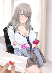 Rule 34 | 1boy, 1girl, bag, blue neckwear, breasts, brown skirt, cellphone, cleavage, clothes around waist, collared shirt, commentary, curtains, desk, english commentary, grey eyes, grey hair, gyaru, heart, holding, holding letter, holding phone, indoors, jjanda, kogal, large breasts, leaning back, letter, long hair, looking at viewer, loose necktie, love letter, nail polish, necktie, original, out of frame, phone, pink nails, pink scrunchie, plaid, plaid skirt, school bag, school desk, school uniform, scrunchie, shirt, skirt, sleeves rolled up, smartphone, smile, striped necktie, sweater, sweater around waist, white shirt, window, wrist scrunchie