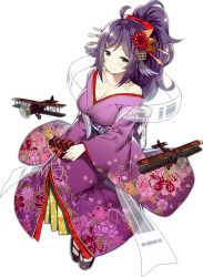 Rule 34 | 1girl, ahoge, aircraft, alternate costume, alternate hairstyle, azur lane, black thighhighs, breasts, brown eyes, candy, chocolate, chocolate heart, cleavage, flower, food, full body, hagoromo, hair flower, hair ornament, heart, houshou (azur lane), houshou (the dream of the autumn pillow) (azur lane), japanese clothes, kimono, large breasts, long hair, looking at viewer, off shoulder, ponytail, purple hair, shawl, sky-freedom, smile, socks, solo, thighhighs, transparent background, zettai ryouiki