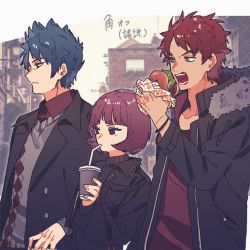 Rule 34 | 1girl, 2 0 hatsu, 2boys, black jacket, blue hair, bob cut, bracelet, brothers, burger, casual, cup, disposable cup, drink, drinking, drinking straw, drinking straw in mouth, eating, food, food wrapper, fur-trimmed jacket, fur trim, green eyes, grey sweater, hairein, hand up, height difference, highres, holding, holding cup, holding drink, holding food, jacket, jewelry, lamvanein, long sleeves, looking away, mira (world trigger), multiple boys, open clothes, open jacket, open mouth, profile, purple hair, red hair, red shirt, shirt, short hair, siblings, side-by-side, spiked hair, sweater, t-shirt, turtleneck, upper body, world trigger