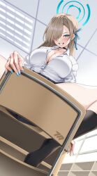 Rule 34 | 1girl, asuna (blue archive), black choker, black socks, blonde hair, blue archive, blue eyes, blue nails, breasts, chair, choker, cleavage, desk, grin, hair over one eye, halo, highres, kneehighs, large breasts, matrix16, mole, mole on breast, no shoes, on desk, pleated skirt, school chair, school desk, school uniform, shirt, shirt tucked in, sitting, on desk, skirt, smile, socks, solo, thighs, white shirt