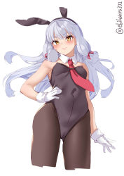 Rule 34 | 1girl, alternate costume, animal ears, black leotard, blush, bow, bowtie, breasts, brown pantyhose, covered navel, cowboy shot, detached collar, earrings, ebifurya, embarrassed, eyes visible through hair, fake animal ears, fake tail, gloves, hair between eyes, hair ribbon, hand on own hip, highres, jewelry, kantai collection, leotard, looking at viewer, murakumo (kancolle), murakumo kai ni (kancolle), pantyhose, playboy bunny, rabbit ears, rabbit tail, red bow, red bowtie, ribbon, short eyebrows, simple background, small breasts, solo, strapless, strapless leotard, tail, twitter username, white background, white gloves, wing collar, wrist cuffs