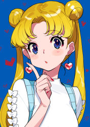 Rule 34 | 1girl, absurdres, bishoujo senshi sailor moon, blonde hair, blue background, blue eyes, blush, bow, breasts, commentary request, double bun, earrings, hair bun, hand up, heart, heart background, heart earrings, highres, index finger raised, jewelry, looking at viewer, medium breasts, nail polish, parted bangs, parted lips, red nails, shirt, simple background, solo, tsukino usagi, twintails, white bow, white shirt, yuu (higashi no penguin)