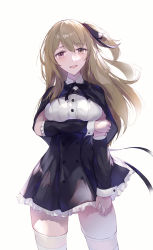 Rule 34 | 1girl, arm at side, arm under breasts, assault lily, black capelet, black ribbon, black skirt, black sleeves, breasts, buttons, capelet, collared shirt, cowboy shot, detached sleeves, floating hair, frilled skirt, frilled sleeves, frills, hair between eyes, hair ribbon, hand on own arm, hand up, hcl (hsiehdrew), heterochromia, high-waist skirt, highres, kuo shenlin, light brown hair, long hair, long sleeves, looking at viewer, medium breasts, miniskirt, neck ribbon, one side up, open mouth, pink eyes, ribbon, school uniform, shirt, simple background, skirt, smile, solo, standing, thighhighs, white background, white shirt, white thighhighs, yellow eyes, yurigaoka girls academy school uniform, zettai ryouiki