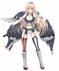 Rule 34 | 1girl, absurdres, asymmetrical legwear, blonde hair, blue eyes, breasts, cannon, cleavage, commentary request, dairyo3, fingerless gloves, front-tie top, full body, garter straps, gloves, headgear, highres, iowa (kancolle), kantai collection, large breasts, long hair, looking at viewer, machinery, miniskirt, mismatched legwear, navel, simple background, skirt, smile, solo, standing, star-shaped pupils, star (symbol), striped clothes, striped thighhighs, symbol-shaped pupils, thighhighs, turret, vertical-striped clothes, vertical-striped thighhighs, white background