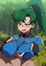Rule 34 | 1boy, 1girl, black gloves, blue dress, blush, breasts, breasts squeezed together, china dress, chinese clothes, clothed female nude male, covered erect nipples, day, dress, earrings, fingerless gloves, fire emblem, forest, gloves, green eyes, green hair, hetero, high ponytail, jcm2, jewelry, large breasts, long hair, looking down, lyn (fire emblem), male pubic hair, nature, nintendo, nude, open mouth, outdoors, paizuri, paizuri under clothes, parted bangs, penis, ponytail, precum, pubic hair, solo focus, sweat, torn clothes, torn dress, very long hair