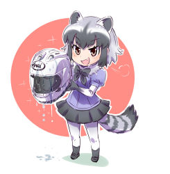 Rule 34 | 10s, 1girl, absurdres, animal ears, blush, boots, common raccoon (kemono friends), fang, fang out, helmet, highres, iesupa, kemono friends, motorcycle helmet, name connection, open mouth, pantyhose, short hair, skirt, smile, solo, tail, wet