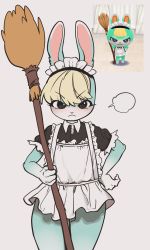Rule 34 | 1boy, puff of air, alternate costume, animal crossing, animal hands, animal nose, annoyed, apron, aqua fur, black shirt, blonde hair, blush, body fur, broom, claws, closed mouth, collared shirt, cowboy shot, crossdressing, frilled apron, frilled sleeves, frills, furry, furry male, grey background, hand on own hip, highres, holding, holding broom, inset, looking at viewer, maid, maid apron, maid headdress, male focus, nintendo, no panties, nose blush, rabbit boy, rabbit ears, sasha (animal crossing), shirt, short hair, simple background, sketch, solo, standing, straight-on, testicle peek, testicles, trap, two-tone fur, v-shaped eyebrows, white apron, white fur, yuio58ok
