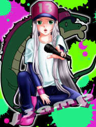 Rule 34 | 13-amp, 1girl, baseball cap, character name, cocked eyebrow, commentary request, dated, graffiti, green eyes, hat, highres, lin (ryun vell), lips, long hair, looking at viewer, microphone, open mouth, sitting, solo, very long hair, warioware, white hair, wristband