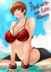 Rule 34 | 1girl, bikini, bracelet, breasts, brown eyes, brown hair, cleavage, commentary request, day, earrings, english text, highleg, highleg bikini, highres, jewelry, large breasts, lens flare, milestone celebration, navel, ocean, red bikini, sarong, short hair, sk (sk-g), solo, swimsuit, thank you, the king of fighters, the king of fighters all-stars, vice (kof)