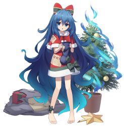 Rule 34 | 1girl, barefoot, blue bow, blue eyes, blue hair, blush, bow, box, capelet, christmas, christmas tree, dress, full body, gift, gift box, hair between eyes, hair bow, hiyaya (kochi michikaze), long hair, looking at viewer, open mouth, red capelet, red dress, sack, solo, toes, touhou, transparent background, yorigami shion