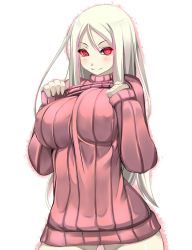 Rule 34 | 10s, 1girl, abyssal ship, blush, bottomless, breasts, glowing, glowing eyes, highres, kantai collection, large breasts, long hair, looking at viewer, naked sweater, red eyes, ribbed sweater, shiki (psychedelic g2), silver hair, simple background, smile, solo, sweater, ta-class battleship, turtleneck, white background