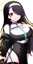 Rule 34 | 1girl, black choker, black hair, blue archive, blue necktie, blush, choker, cleavage cutout, closed mouth, clothing cutout, cowboy shot, cross, cross earrings, earrings, eyes visible through hair, frilled sleeves, frills, habit, hair over one eye, halo, highres, hinata (blue archive), jewelry, long hair, long sleeves, necktie, nun, pelvic curtain, red eyes, simple background, smile, solo, white background, yellow halo, yun (kbdenz9)