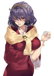 Rule 34 | 1girl, asuzemu, blush, breasts, cup, dress, grin, hand up, holding, holding cup, large breasts, looking at viewer, one eye closed, pink eyes, purple hair, red dress, rope, scarf, shimenawa, short hair, simple background, smile, solo, touhou, white background, yasaka kanako