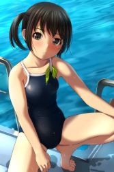 Rule 34 | 1girl, absurdres, barefoot, black eyes, black hair, black one-piece swimsuit, blush, competition school swimsuit, feet, highres, looking at viewer, matsunaga kouyou, object in clothes, object in swimsuit, one-piece swimsuit, original, pool, school swimsuit, solo, spread legs, swimsuit, toes, water, wet