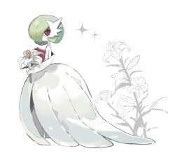 Rule 34 | absurdres, aisutabetao, colored skin, creatures (company), flower, full body, game freak, gardevoir, gen 3 pokemon, green hair, hair over one eye, highres, mega gardevoir, mega pokemon, multicolored skin, nintendo, pokemon, pokemon (creature), red eyes, red skin, simple background, solo, sparkle, two-tone skin, white background, white flower, white skin