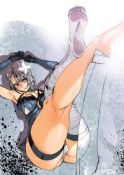 Rule 34 | 1futa, artistic error, ashiomi masato, bandaged leg, bandages, barefoot, breasts, elbow gloves, feet, flower, futanari, gloves, gradient background, grey hair, hair flower, hair ornament, kaine (nier), large breasts, legs up, lingerie, lying, negligee, nier, nier (series), on back, panties, purple hair, solo, thick thighs, thigh strap, thighs, underwear, unfinished, white panties, wide hips, wrong foot