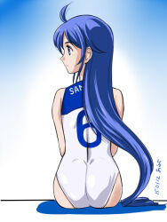 Rule 34 | 10s, 1girl, 2015, ahoge, artist request, ass, blue eyes, blue hair, blush, dated, from behind, january, kantai collection, leotard, long hair, looking to the side, samidare (kancolle), sitting, two-tone leotard, uniform number, white leotard