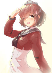 Rule 34 | 1girl, arthur ko, black neckerchief, blush, brown eyes, brown hair, buttons, china dress, chinese clothes, commentary, commentary request, cowboy shot, dress, english commentary, flower, grey sailor collar, hair flower, hair ornament, highres, kantai collection, long sleeves, looking at viewer, neckerchief, one eye closed, open mouth, red shirt, sailor collar, sailor shirt, shirt, short hair, smile, solo, sunlight, tan yang (kancolle), white background, white dress, yukikaze (kancolle)
