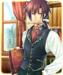 Rule 34 | 1boy, ascot, book, bookshelf, brooch, curtains, hair ribbon, hand on own hip, jewelry, jpeg artifacts, long hair, lowres, male focus, non-web source, pink eyes, pink hair, ponytail, ribbon, solo, vest, watermark, window