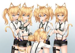 Rule 34 | 5girls, :&lt;, :3, absurdres, alternate hairstyle, animal ear fluff, animal ears, arm around shoulder, black shorts, blonde hair, blue eyes, blue panties, blush, breasts, cat ears, cat tail, clone, commentary, crossed arms, dog tags, double bun, english commentary, fang, fingerless gloves, girls&#039; frontline, gloves, gradient background, green necktie, grey background, hair bun, hand on own hip, highres, hug, idw (girls&#039; frontline), long sleeves, looking at another, medium hair, multiple girls, navel, necktie, open mouth, panties, ponytail, shirt, short shorts, short twintails, shorts, simple background, sleeves rolled up, small breasts, smile, suspender shorts, suspenders, tail, teeth, thigh strap, tor ai, twintails, underwear, upper teeth only, white background, white shirt