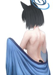 Rule 34 | 1girl, animal ears, bare back, black hair, blue archive, breasts, cat ears, cat tail, furrowed brow, halo, haori, highres, holding, holding clothes, japanese clothes, kikyou (blue archive), medium breasts, short hair, shoulder blades, sideboob, simple background, solo, suang, tail, white background
