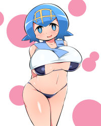Rule 34 | 1girl, abarai (abarabone), alternate breast size, bare shoulders, bikini, blue bikini, blue eyes, blue hair, blue sailor collar, blush, breasts, collarbone, creatures (company), crop top, female focus, game freak, hairband, happy, huge breasts, lana (pokemon), legs together, looking at viewer, matching hair/eyes, navel, nintendo, open mouth, pink background, pokemon, pokemon sm, sailor collar, shiny skin, shirt, short hair, simple background, skindentation, sleeveless, sleeveless shirt, smile, solo, standing, swimsuit, swimsuit under clothes, trial captain, two-tone background, white shirt, yellow hairband