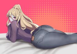 Rule 34 | 1girl, altronage, ass, blonde hair, blush, braid, breasts, closed mouth, colored skin, commentary, commission, english commentary, grey skin, hair between eyes, highres, huge ass, huge breasts, long hair, long sleeves, looking at viewer, looking back, lying, monster girl, monster girl encyclopedia, on stomach, pants, ponytail, smile, solo, sweater, thick thighs, thighs, undead, wide hips, wight (monster girl encyclopedia)