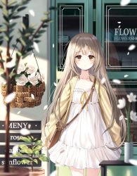 Rule 34 | 1girl, bag, blonde hair, blurry, blurry foreground, blush, building, cardigan, closed mouth, collarbone, commentary, door, dress, expressionless, flower, handbag, leaf, long hair, long sleeves, looking at viewer, original, outdoors, plant, rose, solo, standing, symbol-only commentary, white dress, white flower, white rose, window, yaya (yayaa 00), yellow cardigan, yellow eyes