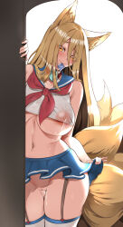 Rule 34 | absurdres, animal ears, areola slip, blonde hair, breasts, cleft of venus, collarbone, come hither, condom, condom in mouth, crop top, detached collar, fox ears, fox girl, fox tail, garter straps, heart, heart-shaped pupils, highres, hirume of heavenly incense, kitsune, lactation, lactation through clothes, large breasts, last origin, long hair, miniskirt, mouth hold, multiple tails, navel, neckerchief, orange eyes, pussy, pussy juice, sailor collar, see-through, see-through shirt, skindentation, skirt, symbol-shaped pupils, tail, very long hair, yume no hana (sbac0019)