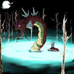 Rule 34 | alternate color, artist request, creatures (company), dragon, game freak, gen 1 pokemon, glowing, glowing eyes, gyarados, highres, lake, looking to the side, nature, night, night sky, nintendo, no humans, open mouth, pokemon, pokemon (creature), serious, shaded face, shiny pokemon, simple background, sky, solo, tail, water