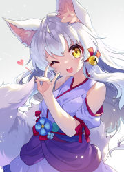Rule 34 | 1girl, ;d, animal ear fluff, animal ears, bare shoulders, bell, blue kimono, cowboy shot, fox ears, fox girl, fox shadow puppet, fox tail, hair bell, hair ornament, hand up, heart, hisana, japanese clothes, kimono, long hair, \\n/, one eye closed, open mouth, original, short sleeves, simple background, smile, solo, standing, tail, tail raised, teeth, upper teeth only, white hair, yellow eyes