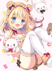 Rule 34 | &gt; &lt;, 1girl, :d, animal ears, ass, bear ears, bear hair ornament, bear tail, blonde hair, blue eyes, blush, braid, breasts, brown shorts, claw pose, cleavage, commentary request, fake animal ears, fake tail, fang, feet out of frame, hair ornament, hand up, looking at viewer, medium breasts, nail polish, no shoes, open mouth, orange nails, original, pan (mimi), pink background, short shorts, shorts, simple background, smile, solo, stuffed animal, stuffed toy, tail, teddy bear, thighhighs, white thighhighs, x x